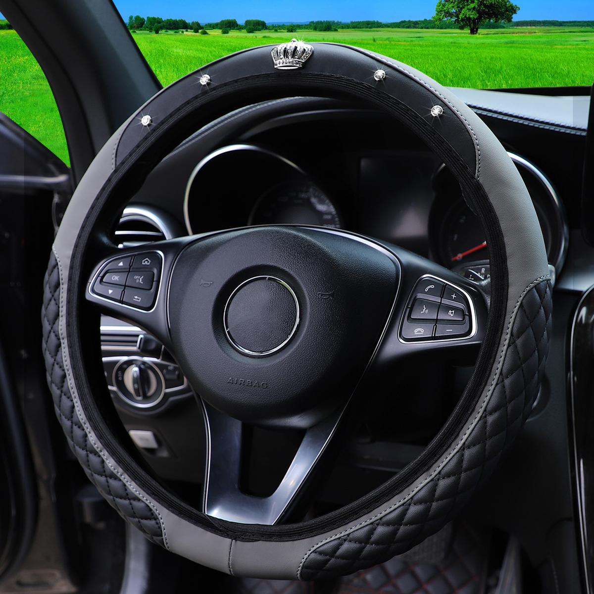 

1 PU embroidered crown set with artificial diamond Blingbling leather steering wheel cover without inner ring fits 14.5-15 inche сірий колір