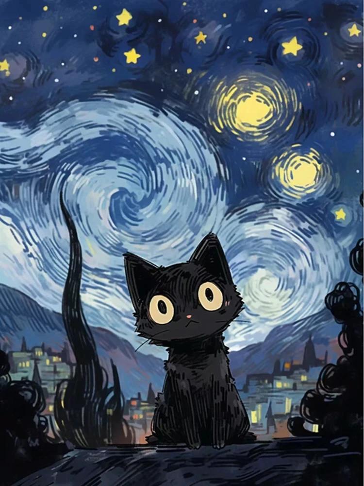 Abstrakt Stjärnhimmel och Svart Katt Affischer och Tryck Canvas Målning Väggkonst Bilder För Vardagsrum Hem Mural Dekoration Gåva