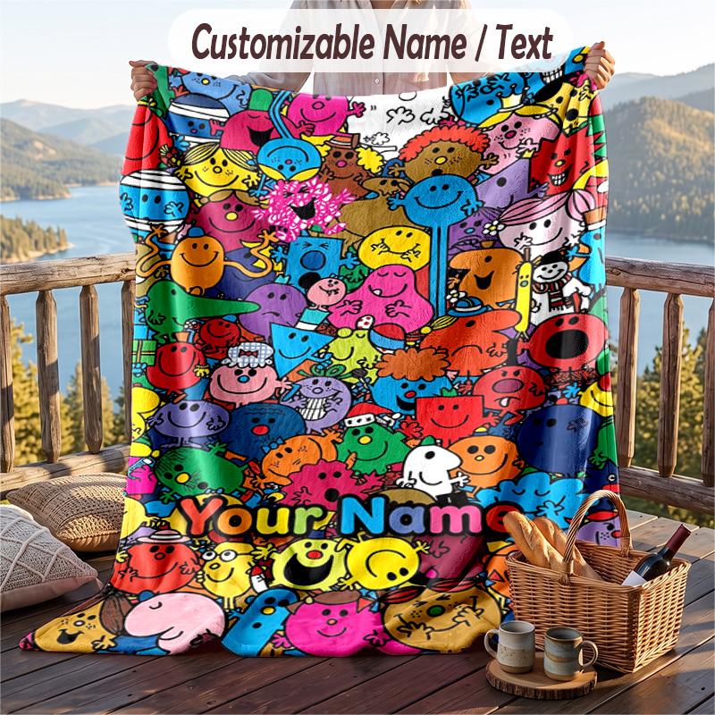 Mr. Men & Little Miss Flannel Blanket, Personalized Custom Name Text, Soft Warm Plush Throw Blanket For Gift