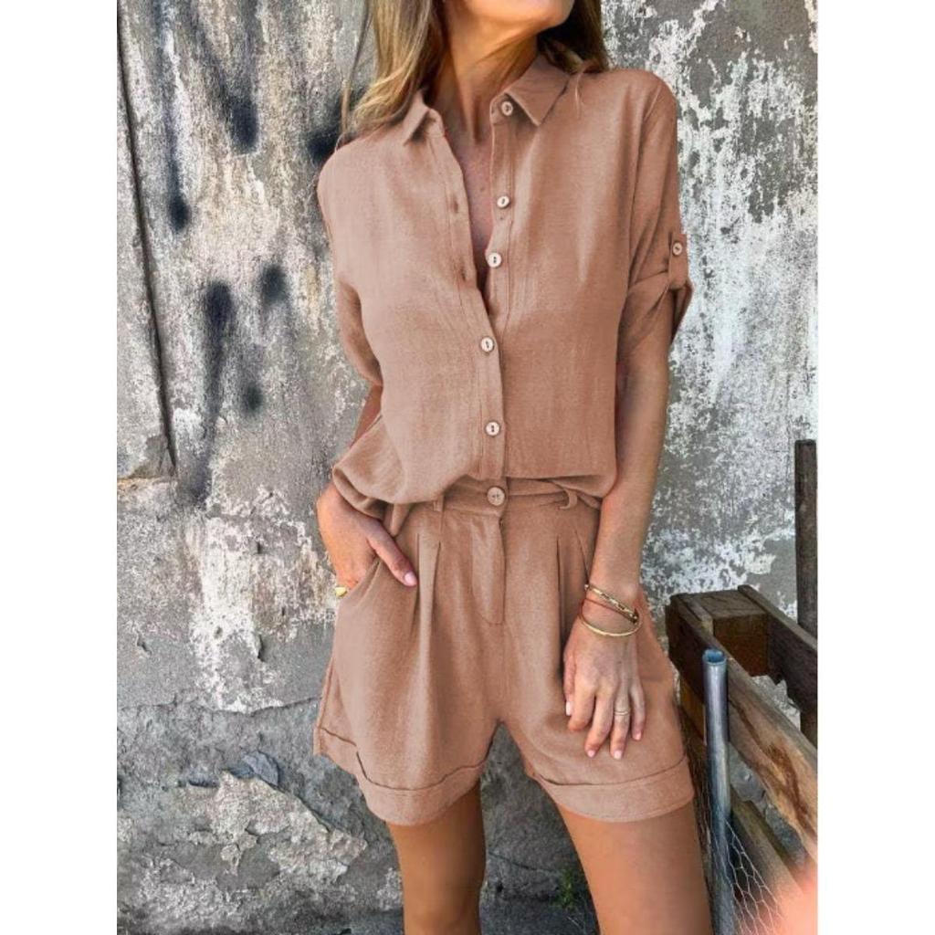 Lněný dvoudílný set, Volná košile, Šortky s vysokým pasem, Bavlněné lněné šortky s krátkým rukávem, Ležérní, Dámský, Oblek