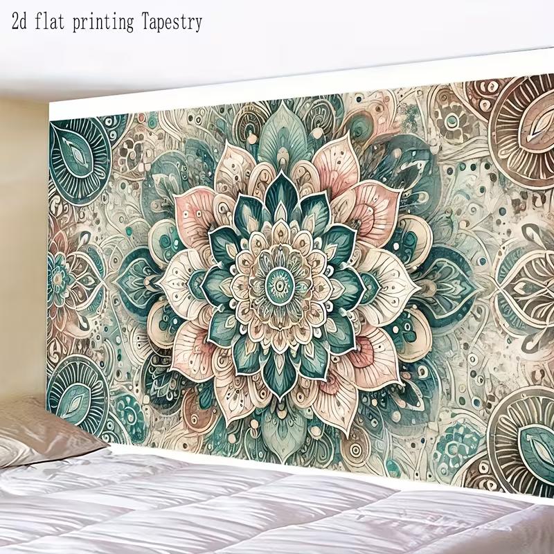 2D Watercolor Mandala Tapestry, Bohemian Teal Pink Flower Background Cloth