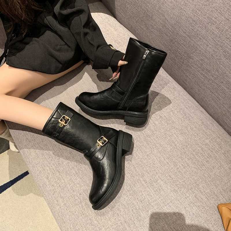 Botas Retro Versatile Woman Shoes 2026 Autumn New Women's Low Heeled Mid Top Leather Boots Comfort Non Slip Women's Denim Boots