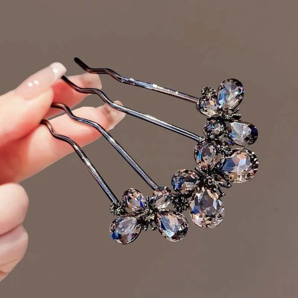 Geometric Toothed Insert Comb Rhinestone U-shaped Hair Clip Elegant Butterfly Hairpin Party