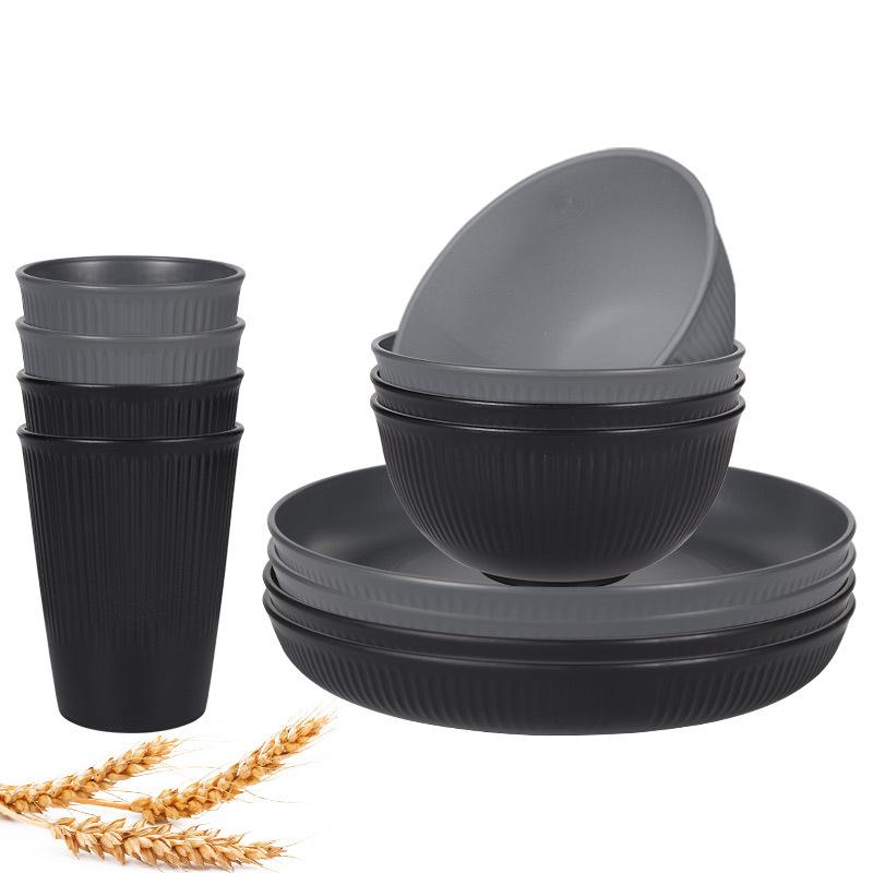 12 ks Sada nádobí ze pšeničné slámy Nerozbitná sada talířů a misek Opakovaně použitelné sady nádobí Vhodné do myčky a mikrovlnné trouby