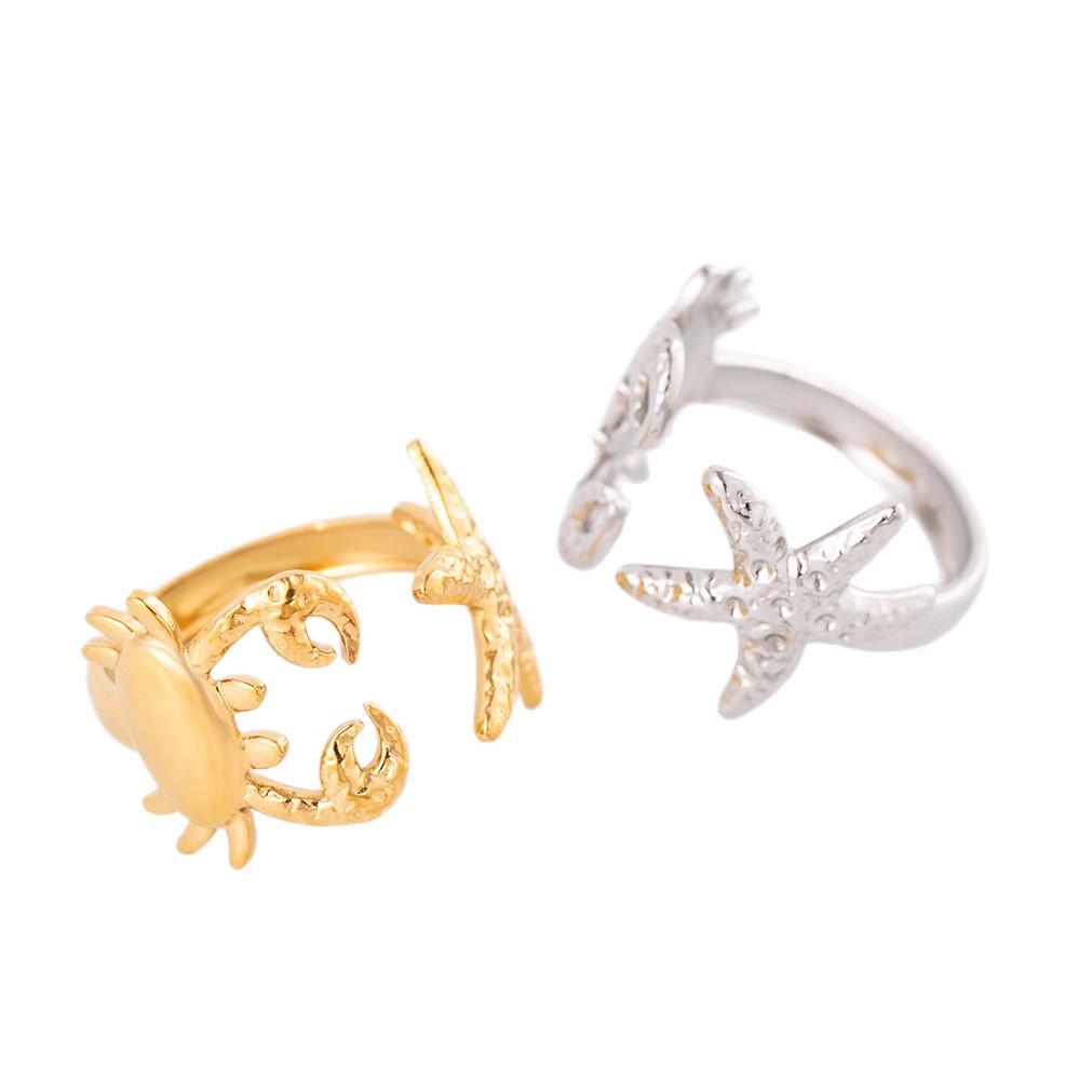 Women's Titanium Steel Starfish Ring - Stainless Steel Open Design, Colorfast 18k Gold Vacuum Electroplated