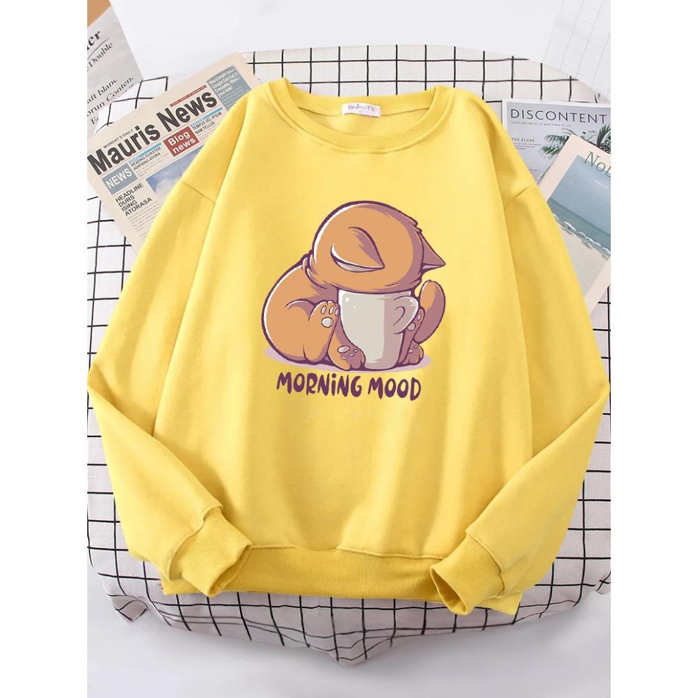 Cat Is Looking At The Cup Lovely Sweatshirt Female Fashion Fleece Hoody Crewneck Casual Hoodies Pullover Oversize
