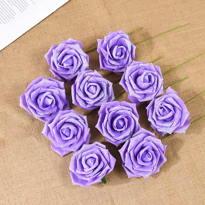 10/20 Stück Glitzer Künstliche Rosenblumen mit Stiel Blätter DIY Hochzeitssträuße Geburtstagsfeier Heimdekorationen DIY Bastelkranz