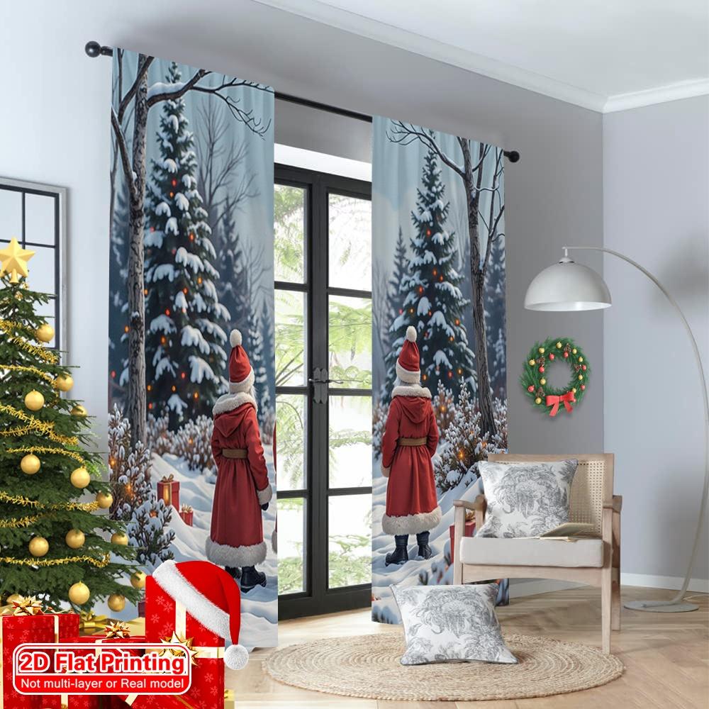 2pcs 2D Flat Printing Merry Christmas Curtains Christmas Gnomes Forest Lanterns Polyester Without Electricity Festive Holiday
