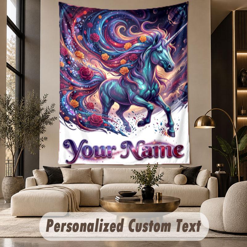 Unicorn (266) Theme Personalized Tapestry Custom Name Text Wall Hanging Tapestry Home Background Decoration