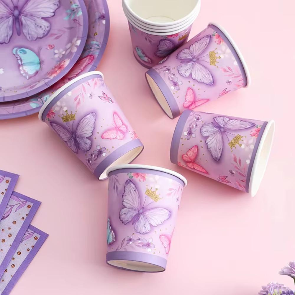 Purple Butterfly Party Supplies Disposable Tableware Set Paper Plates Cups Napkins Banner Girl Happy Birthday Baby Shower Decor