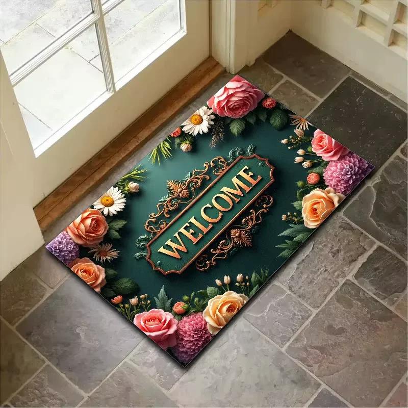 Summer Retro Floor Mat Flower Printed Anti-Slip Entrance Door Mat Home Decoration Indoor Outdoor Area Carpet Bathroom Floor Mat