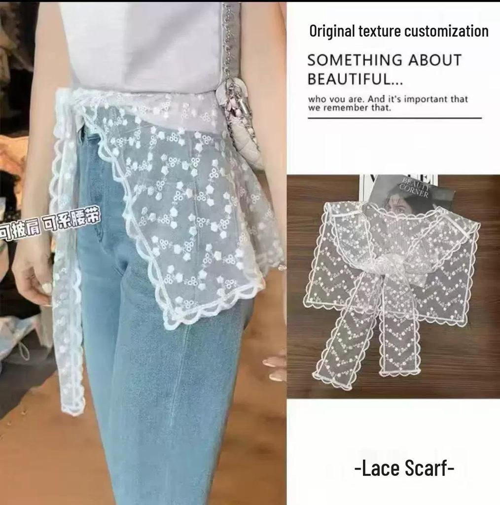 Korean Lace Embroidered Waistband Tulle Skirt with Layered Scarf Accessory