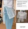 Korean Lace Embroidered Waistband Tulle Skirt with Layered Scarf Accessory