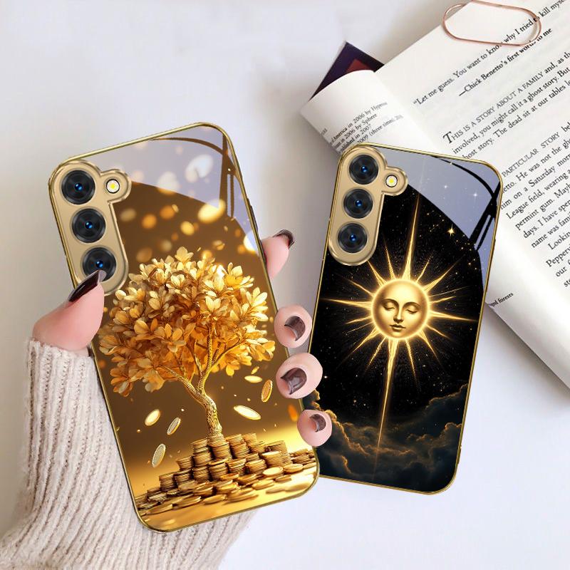 Mysterious Black Cat For Samsung Galaxy S26 S20 FE S21 S22 S23 Plus S24 Ultra S25Ultra S21+  S22Plus Golden Glass Phone Case