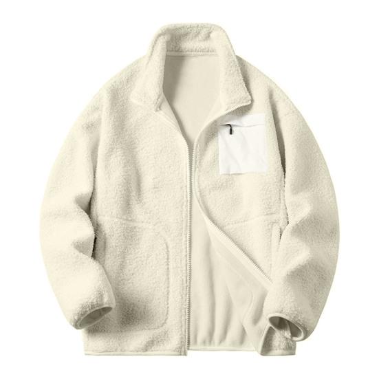 Faux Lambswool Jacket Coat Autumn Winter Zipper Placket Stand Collar Long Sleeve Solid Color Coat with Pockets