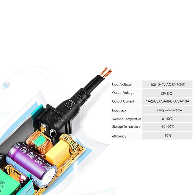 Zasilacz LED 12V DC wtyczka EU 1A 2A 3A 4A 5A 6A 7A 8A Transformator przełączający do taśmy LED Ws2811 Ws2815 Adapter