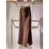 Retro Maillard Mid-Length Coffee Skirt with Side Slit & Metal Buckle for Women - Autumn/Winter Fashion