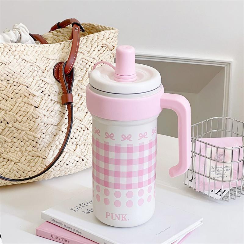 Large Capacity Cute Insulated Mug, 1000Ml Tumbler With Handle And Straw Lid, Stainless Steel Sports Water Bottle