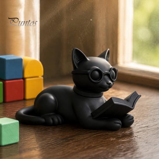 Desktop Ornaments for Office 3D Printed Reading Cat Figurine, Decorative Statue with Eyeglasses, Sculpture Creative Animal Ornament Home Bookshelf