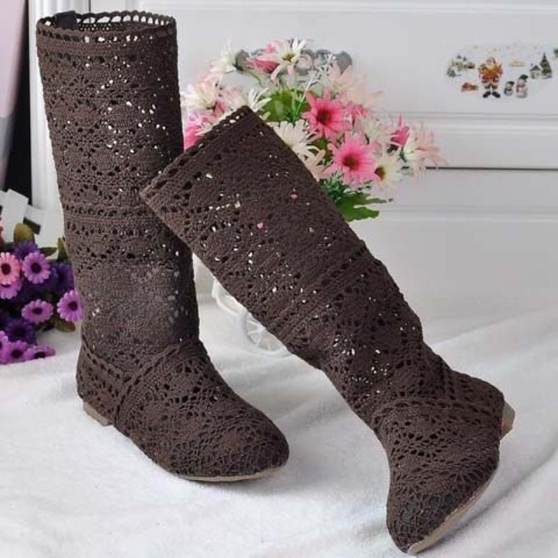 Comercio exterior nuevo primavera tejido hueco botas red de botas botas altas botas Martin botas planas de una sola suela botas frescas mujer