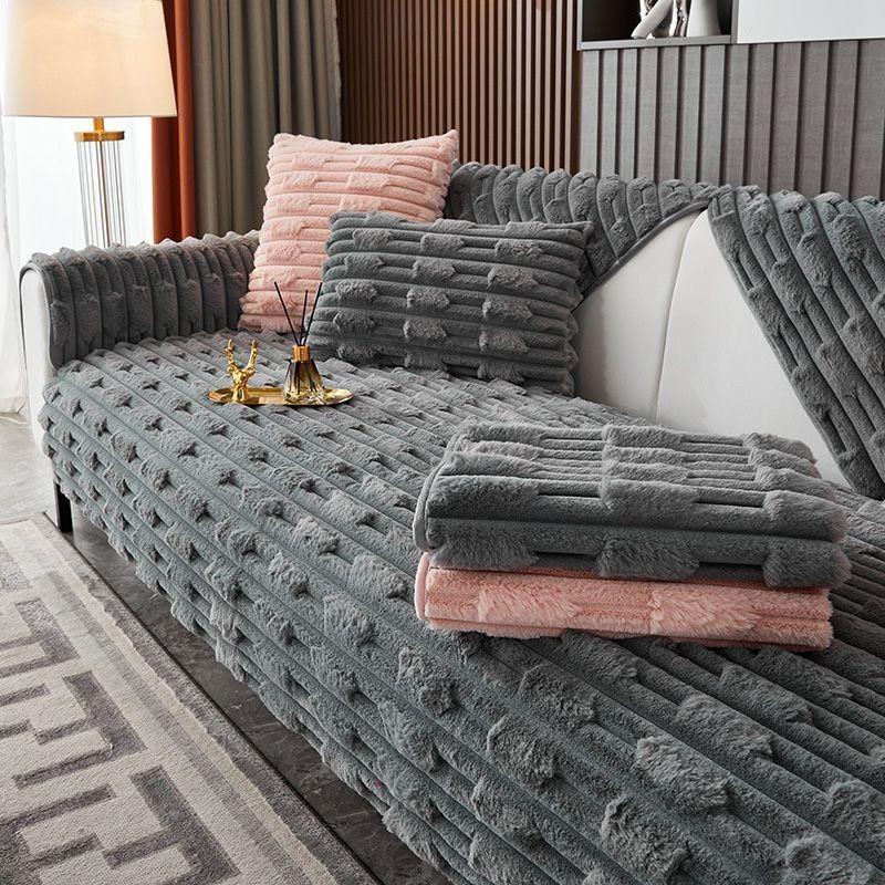 Black Plush Sofa Cushion Thick  Warm Sofa Cover Throw Pillowcase Living Room Winter Universal Seat Cushion Anti Slip Cover Cloth Slipcover Cushion