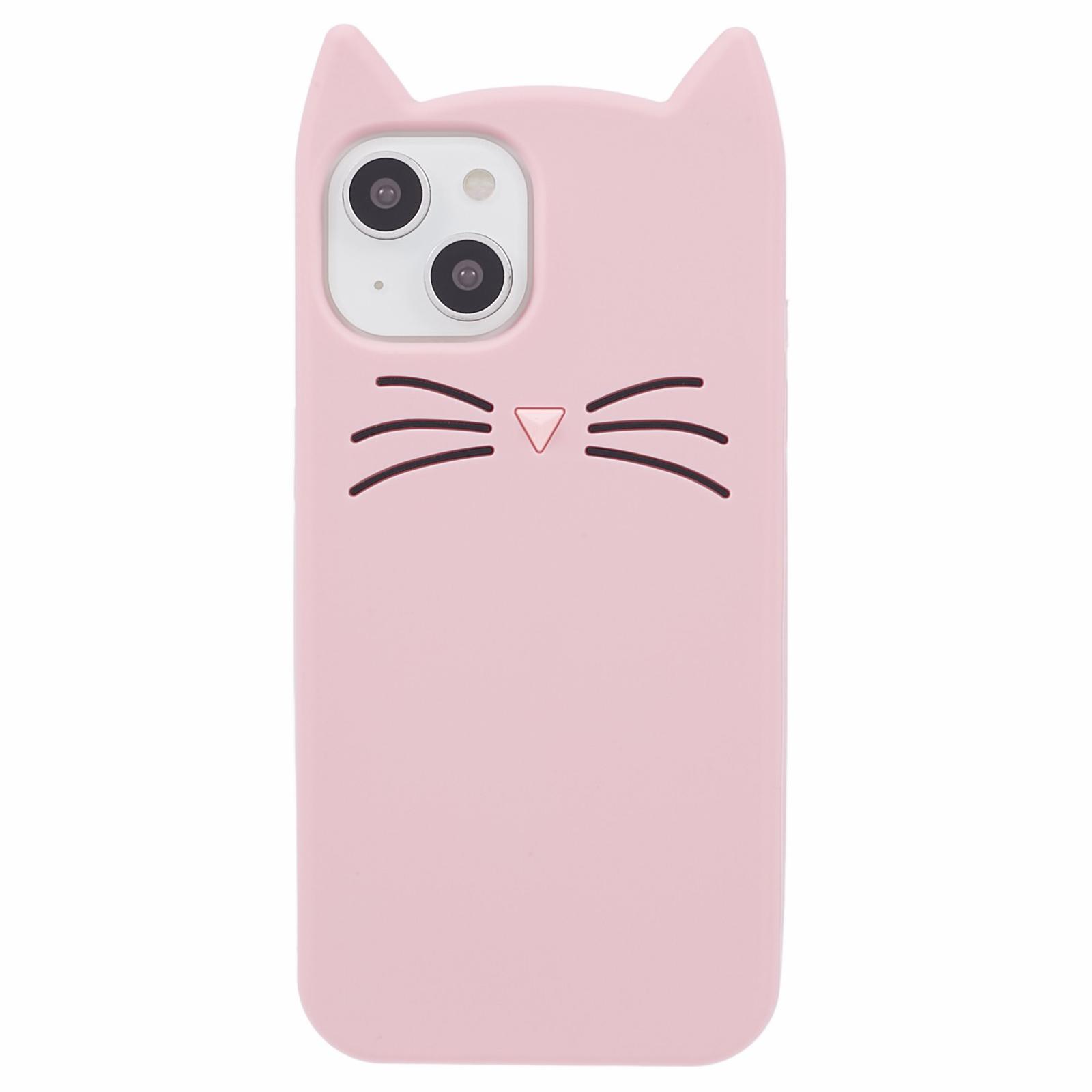 

For iPhone 14 Slim-Fit Silicone Shell 3D Moustache Cat Shockproof Phone Cover Case Pink