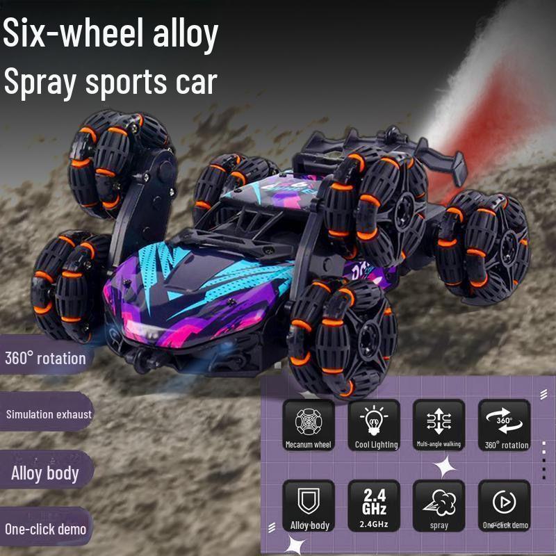Six-Wheel Alloy Remote Control Off-Road Stunt Car with Gesture Sensing and Spray for Kids