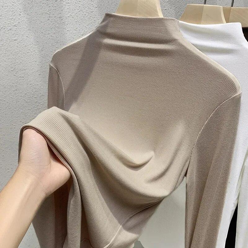 

Модная теплая бархатная футболка с полувысоким воротником, женские топы, зимние тонкие женские футболки с длинными рукавами, однотонные повседневные офисные женские футболки 30274 XXXL хаки