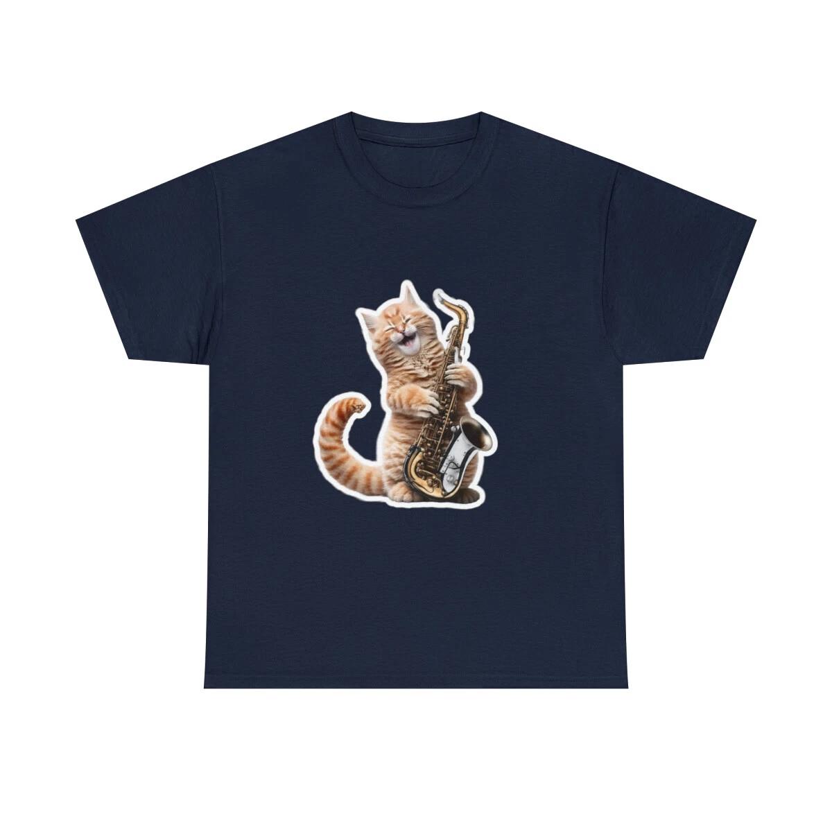 US Adults - music cat plays saxophone - color - Unisex Heavy Cotton Tee 3XL