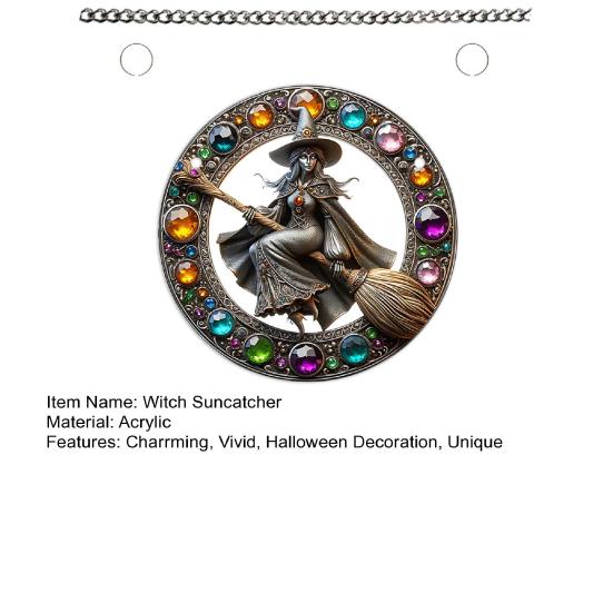 Yousheng Halloween Witch Flying Broom Suncatcher Faux Crystal Magic Witch Wall Art Decor Acrylic Stained Glass Window Hanging Sun Catcher for Home