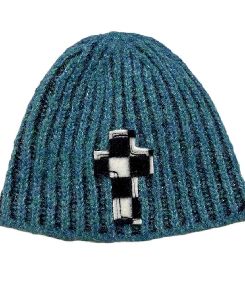 SK8ER ROCK Bold Cross Two Tone Beanie ((Blue))
