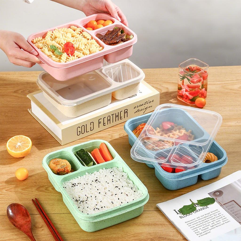 WORTHBUY Reusable Plastic Lunch Box For Student Divided Bento Box Outdoor Portable 3 Compartment Food Container Microwave Safe