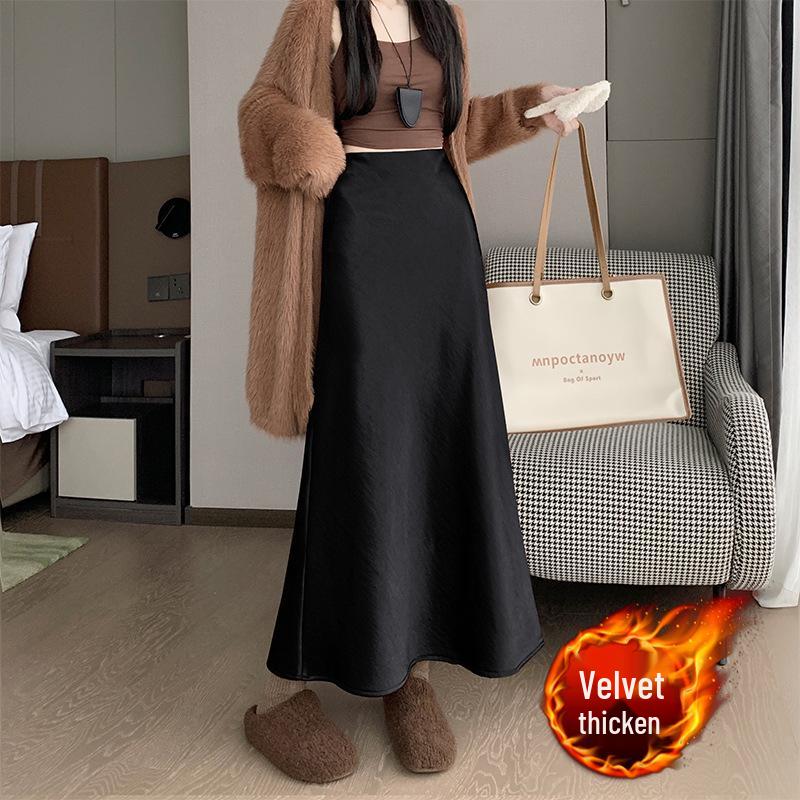 High-Waisted Acetate Satin Fishtail Midi Skirt: Designer-Style, Slimming A-Line with Large Flare for Women's Autumn/Winter Wardrobe.