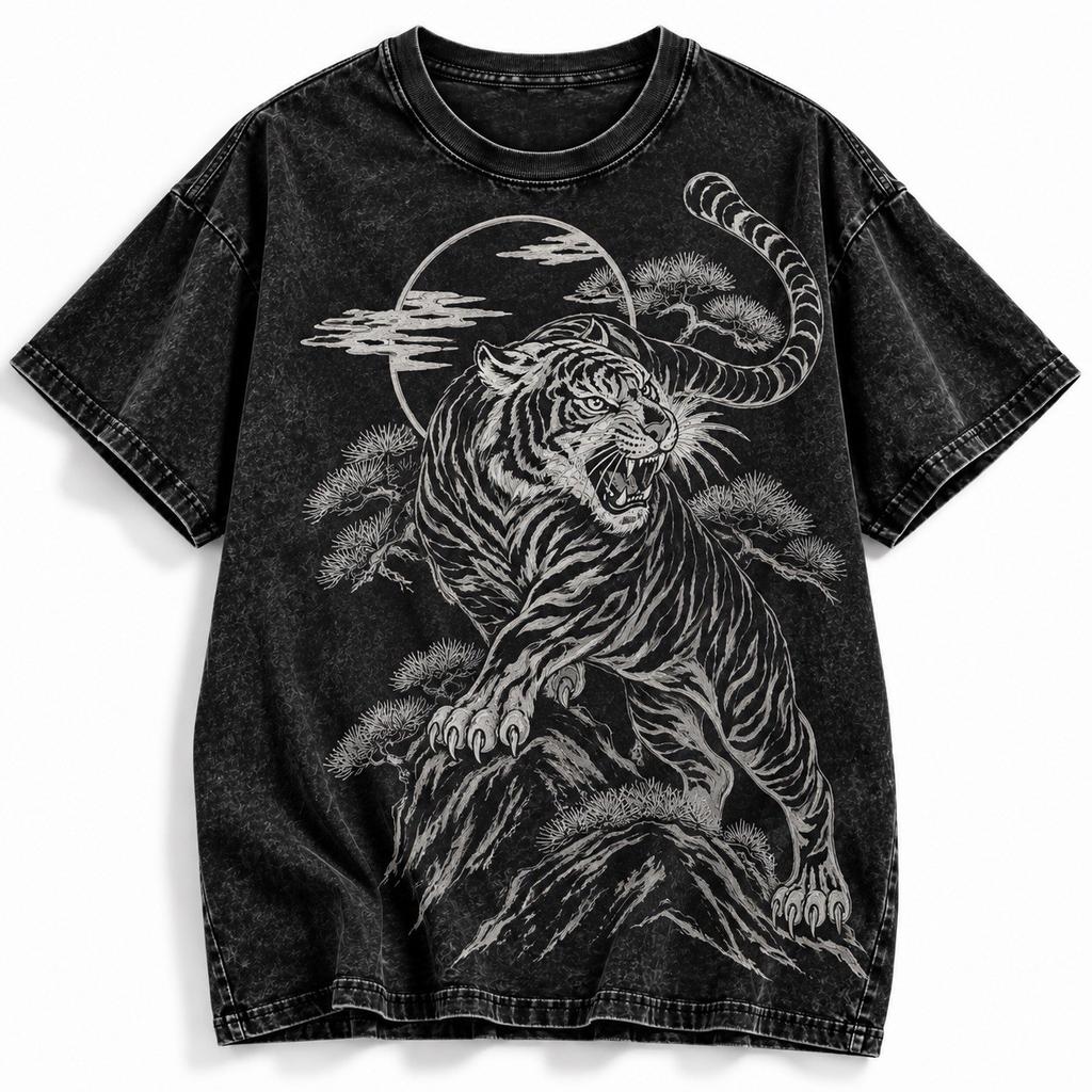 Japanese Tiger Mountain Shirt Moon Pine Tree Vintage Acid Wash Graphic Tee