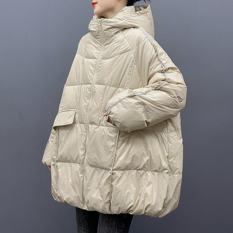 Damen Frühling und Herbst Dünne Sektion der Großen Größe Mittellange Gepolsterte Warme Kapuzenjacke Lässig Locker Einfarbig mit Reißverschluss Oberbekleidung