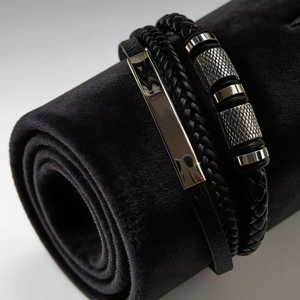 Men's Multi-layer Woven Leather Bracelet with Stainless Steel Tube