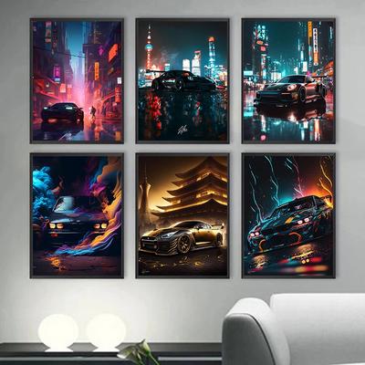 Moderne Autos Oldtimer Sport Neon Auto Gold Nacht Malerei und Drucke Leinwand Poster Wandkunst Bilder für Wohnzimmer Dekor Cuadros