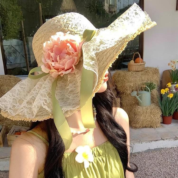 

Flower Butterfly Bow Straw Hat With Large Brim For Beach Summer Sun Protection