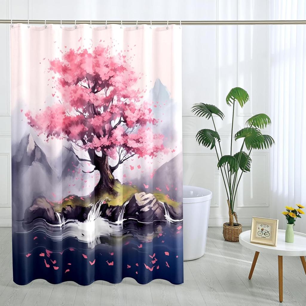 Japanese Cherry Blossom Shower Curtain Set, Asian Anime Shower Curtains for Bathroom Cool Watercolor Abstract Art