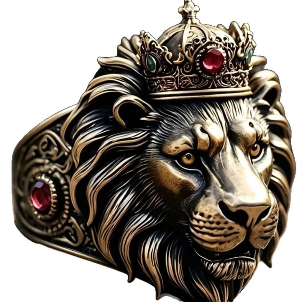 3D Stereo Crown Lion King Ring with Antique Ruby-Carved Lion Design - European American Hip Hop Jewelry.