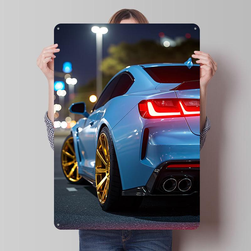 Blue Sports Car With Gold Rims Printed Poster Customized Wall Art Retro Vintage Metal Tin Signs for Garage Office Decoration