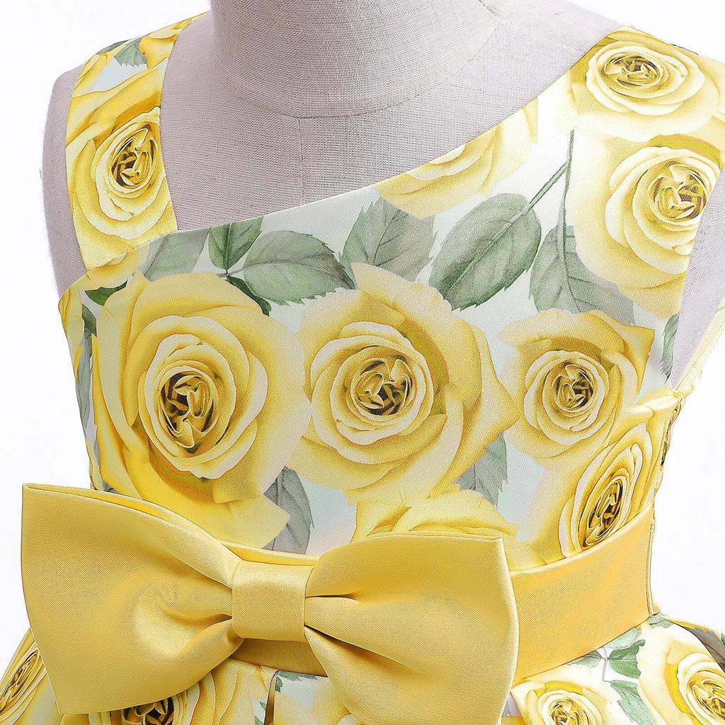 2024 European & American Rose Print Girls' Asymmetrical Shoulder Princess Dress