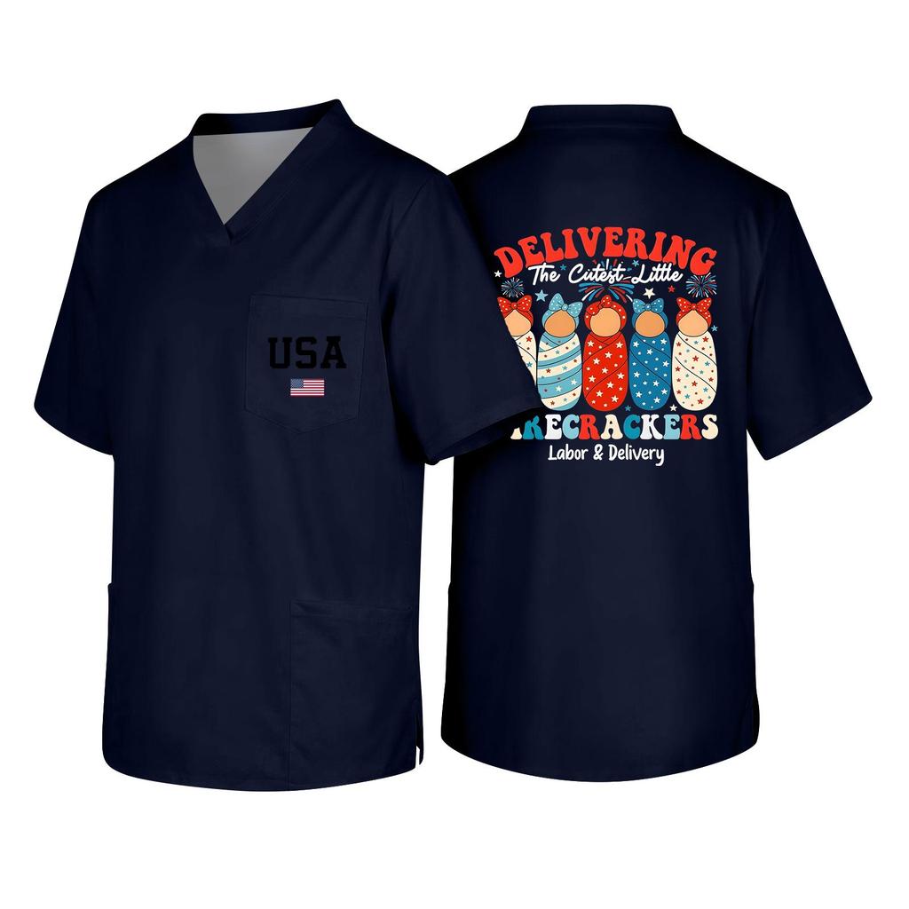 Men's Short Sleeve V Neck Work Shirt Nurse Uniform Top with Pocket USA Print Casual Fit Medical Scrub Tee for Healthcare Professionals