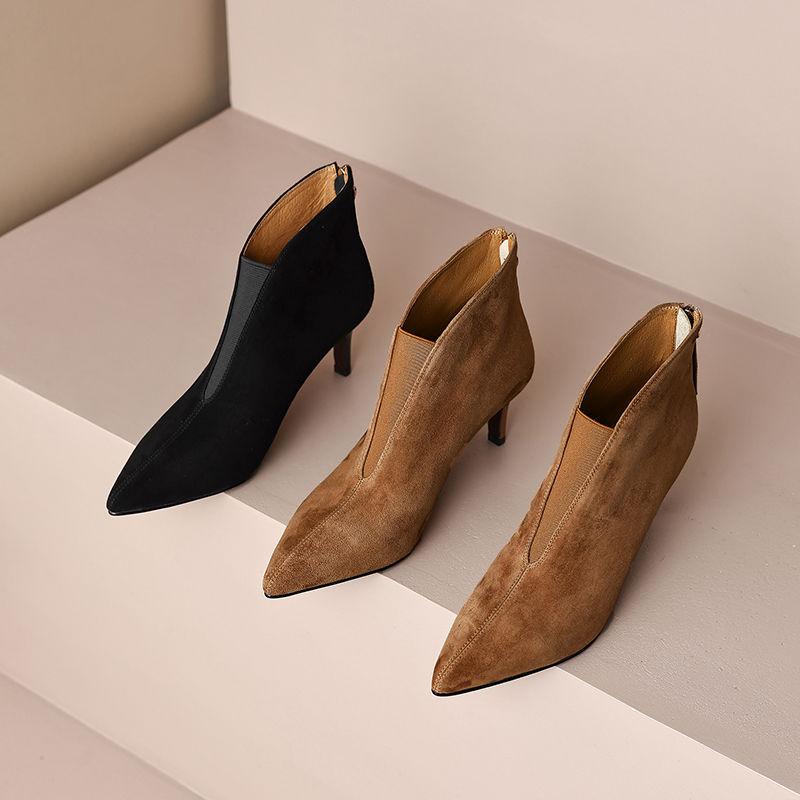 Fashion FHANCHU Nubuck Flock Ankle Boots,Women High Heels Booties,Fall/Winter Shoes,Pointed Toe Botas,Deep V Shape,Black,Brown,Dropship