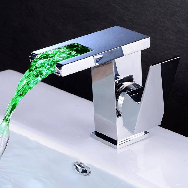 LED Basin Faucet Hot and Cold Square Basin Faucet Brass Waterfall Crane Sink Faucet Single Handle Water Tap