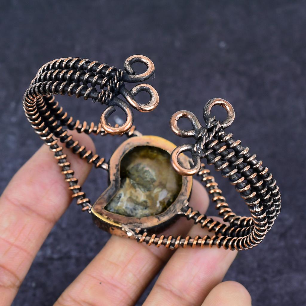 Ammonite Fossil Gemstone Copper Wire Wrap Cuff Bangle Adjustable