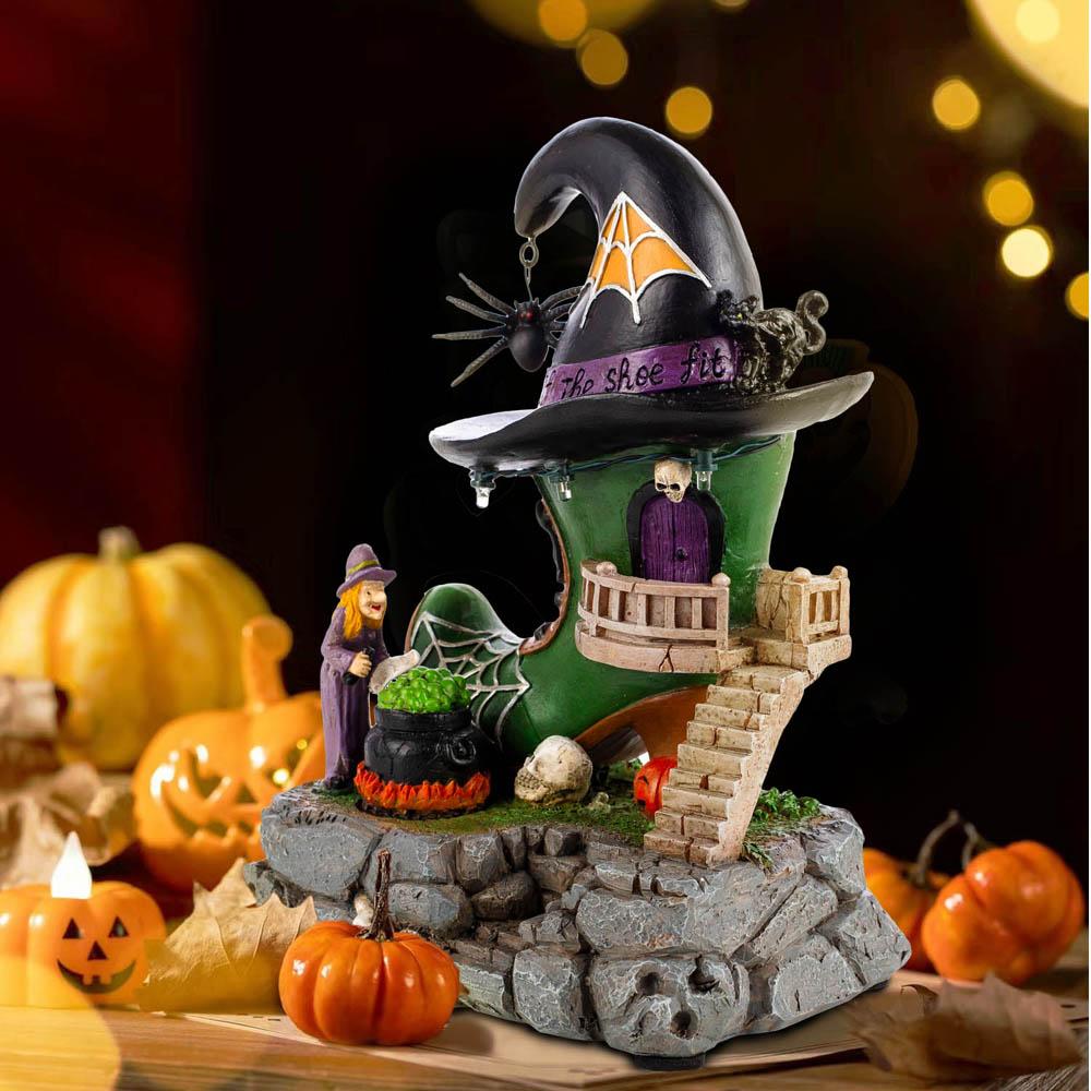 Halloween Village Antique Witch Shoe Shop Lit Building House and Rotating Cauldron Bubble, with Spider Accessories and LED Light