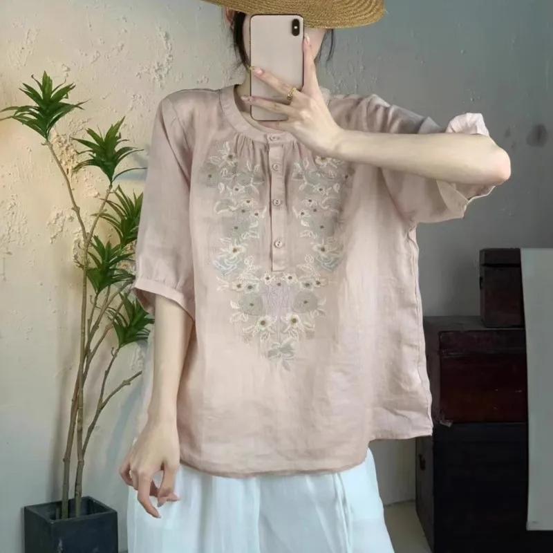 Johnature Women Vintage Embroidery Floral Shirts Half Sleeve O-Neck Tops Button Solid Color Blouses Summer Shirts