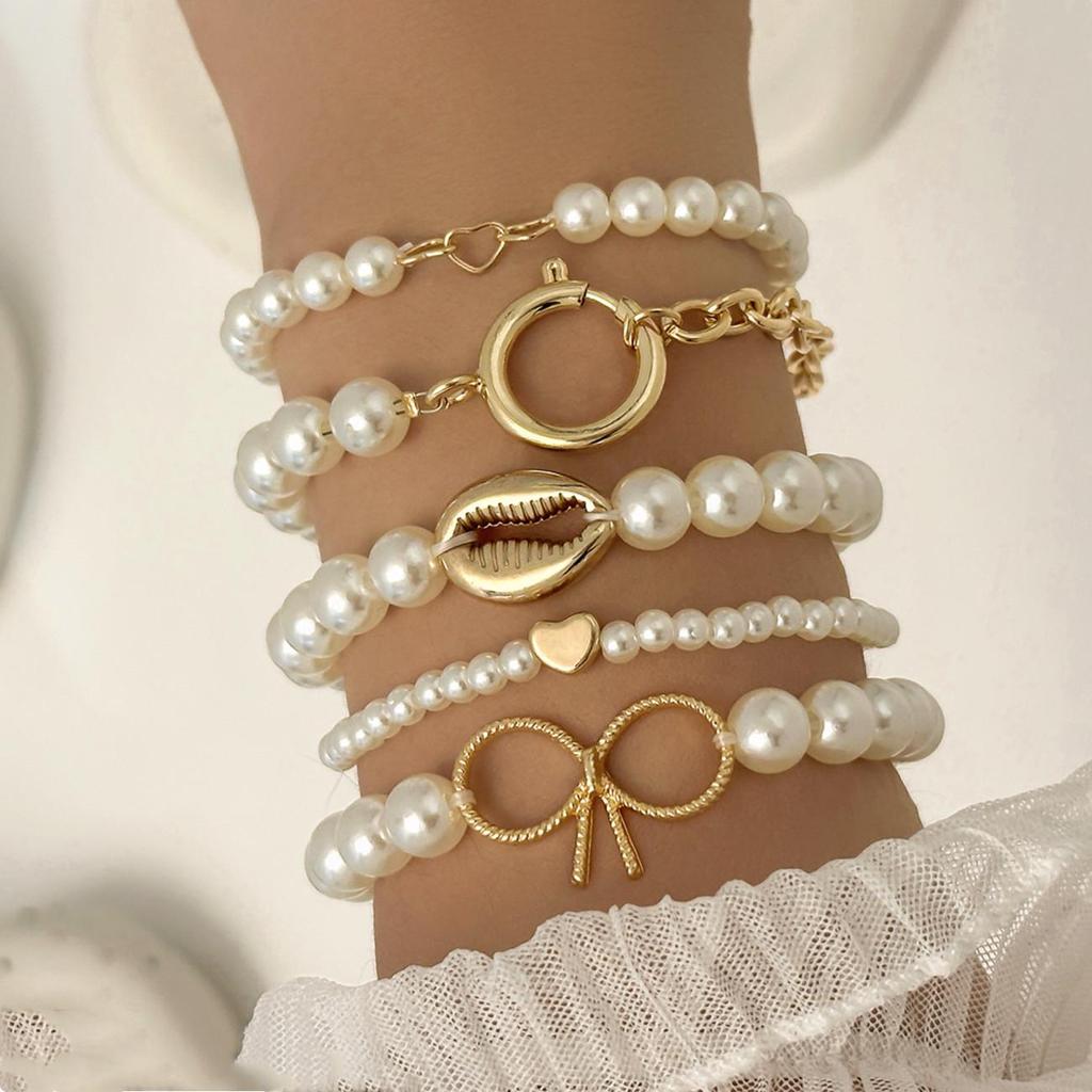 European & American Style Heart Crescent Moon Faux Pearl Layered Bracelet
