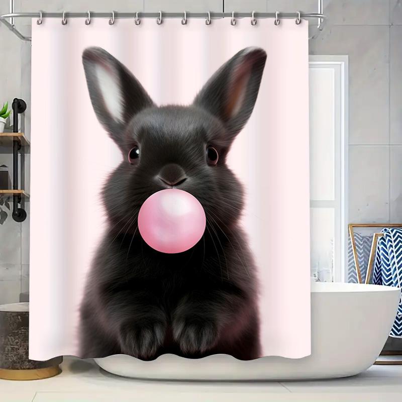

Black Rabbit Bubble Gum Printed Shower Curtain, Modern Bathroom Decor For Kids Bathrooms, Waterproof Fabric Pink Color Available W60H190(CM)-1 Pcs